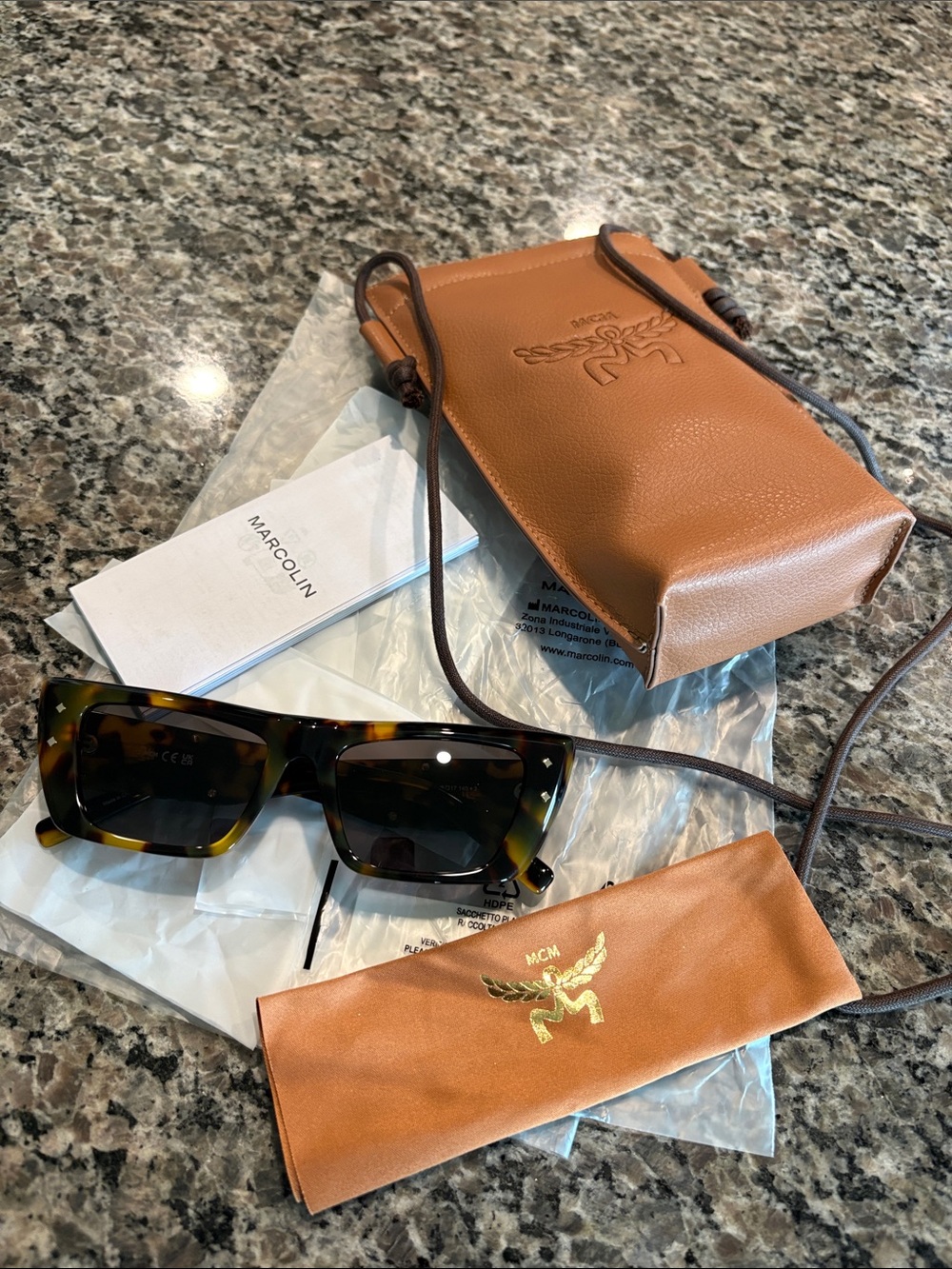 NWT MCM Women’s Tortoiseshell Square Sunglasses with Brown Leather Case